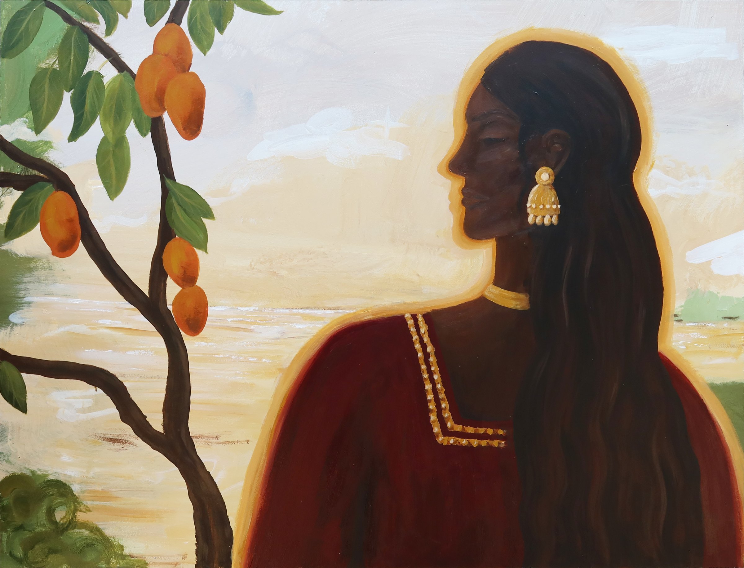 Become, a woman in profile with long dark hair gazing toward a glowing horizon beside a mango branch