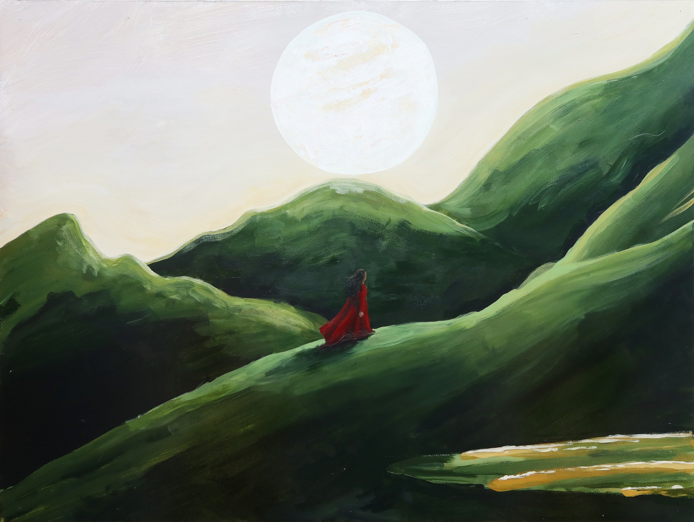 Journey, a figure in red climbing green hills beneath a full moon