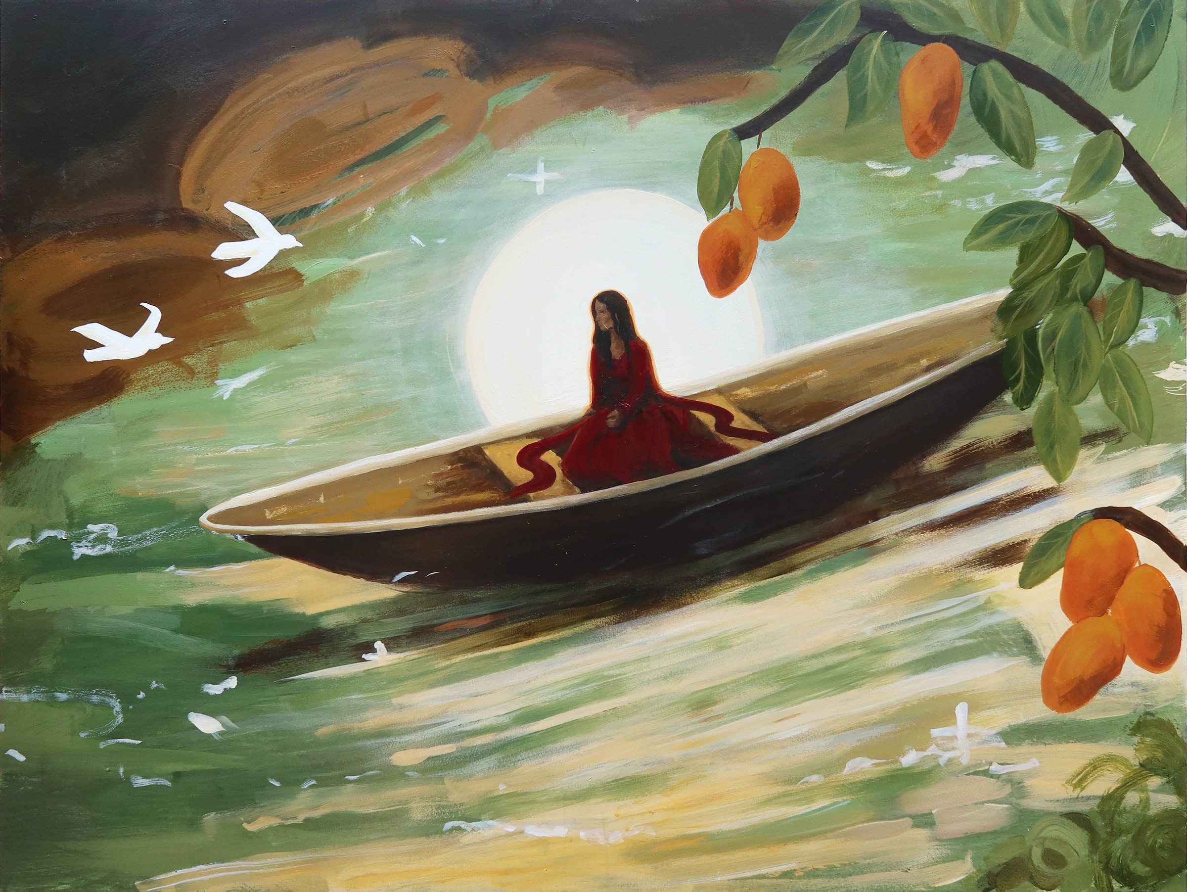 Surrender, a woman in a small boat on green water beneath the moon, with white birds and a mango branch
